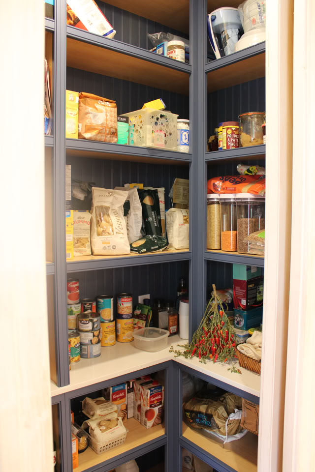 A pantry with blue shelves containing various food items, including canned goods, boxes, jars, and bags.